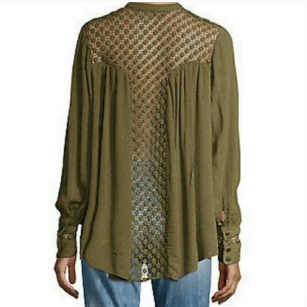 Free People The Best Crochet Back Olive Green Button Up Blouse